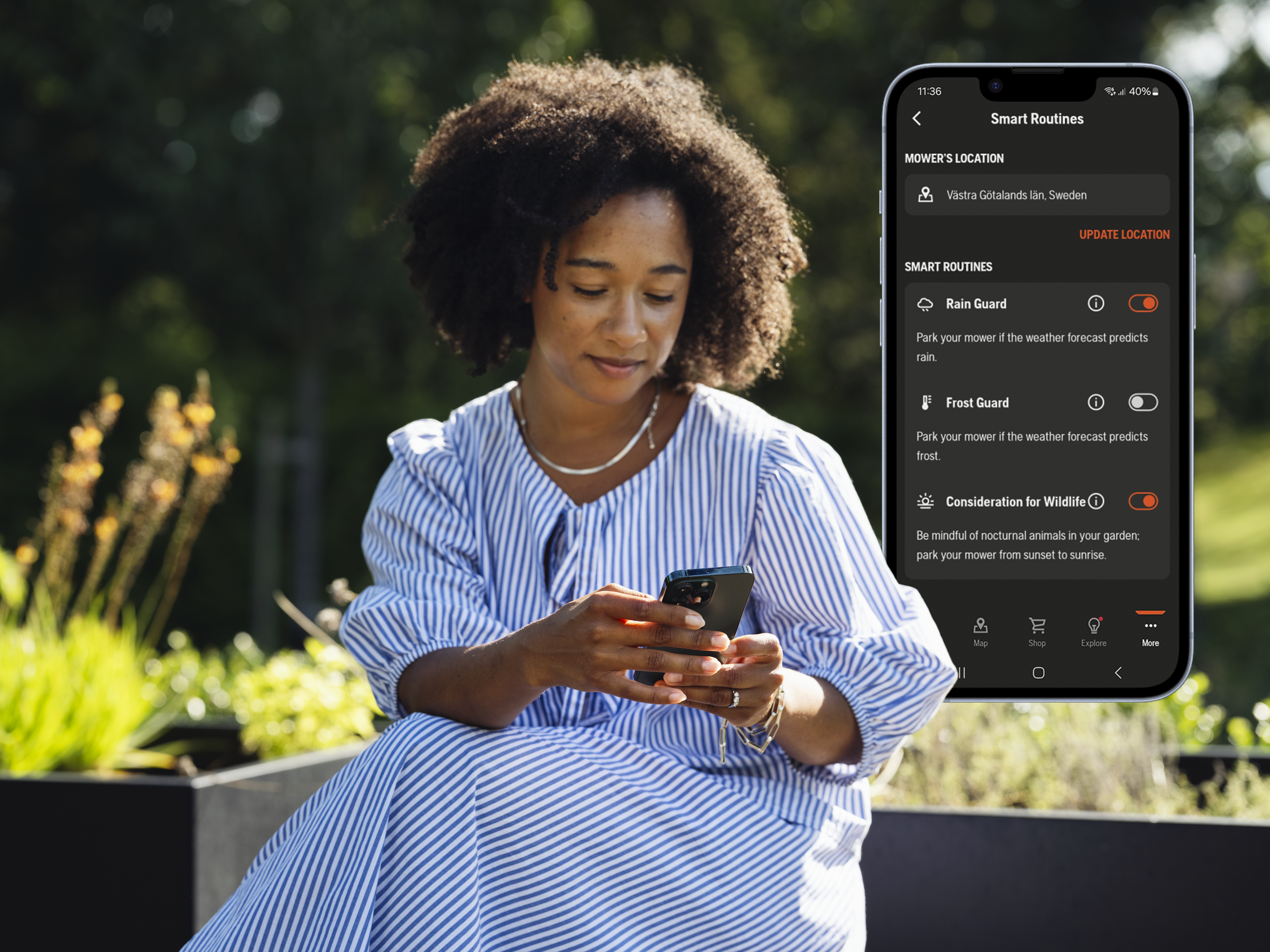 Use Automower® Smart Routines in the Automower® Connect app to enhance your lawn care experience. Whether you want to park the mower automatically when the weather forecast shows heavy rain or frost, or be mindful of nocturnal animals by adjusting the mowing schedule to only mow during the day, with Smart Routines, you can seamlessly manage routines via the app. image